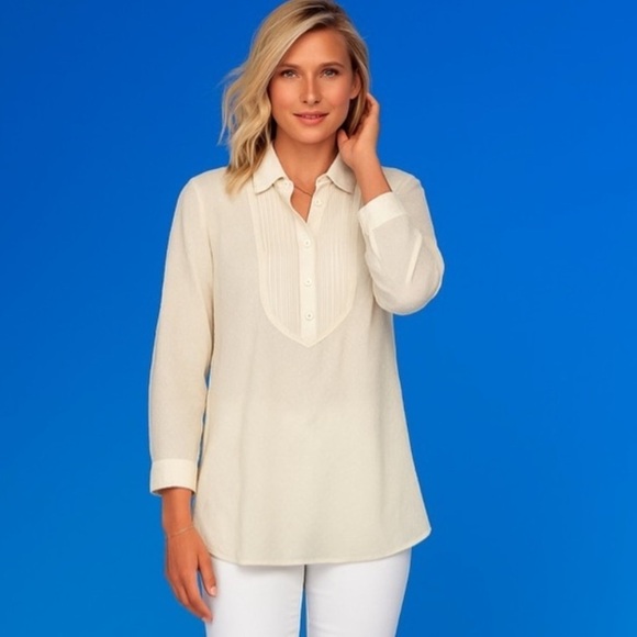 J. McLaughlin Tops - J. McLaughlin Colette silk tunic cream pintuck Swiss dot 3/4 sleeves Size S